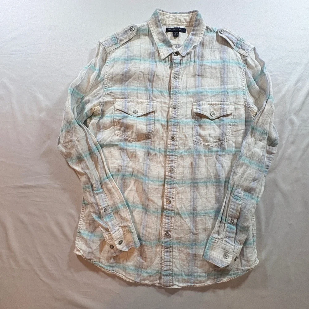Banana Republic Linen Shirt Mens Medium Plaid Long Sleeve Button Down Casual